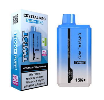 Crystal Pro Twist Disposable Vape featuring a sleek design, offering up to 15,000 puffs with a 20mg nicotine strength and available in various delicious flavors.
