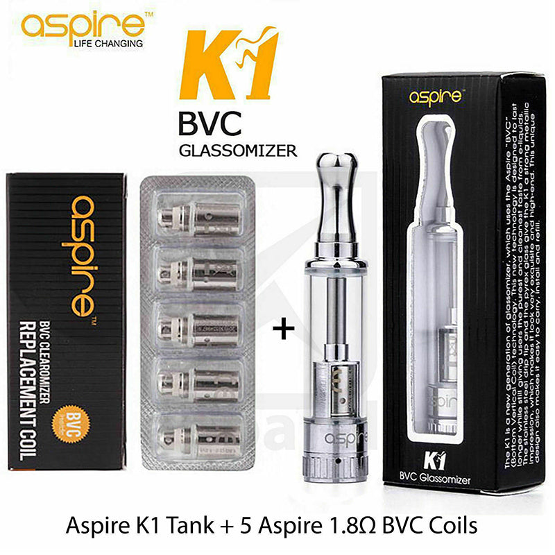 Genuine Aspire K1 Tank with BVC Coil Installed + 5 Aspire 1.8 Ohm BVC Coils - Vapourse