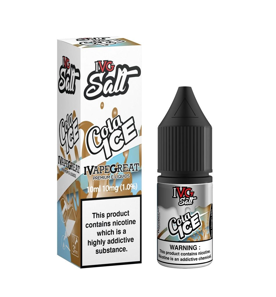 IVG Nic Salts E-Liquid in 10ml bottles available in 10mg and 20mg strengths, featuring a variety of flavors including Bubblegum and Cola Ice, designed for a smooth vaping experience.