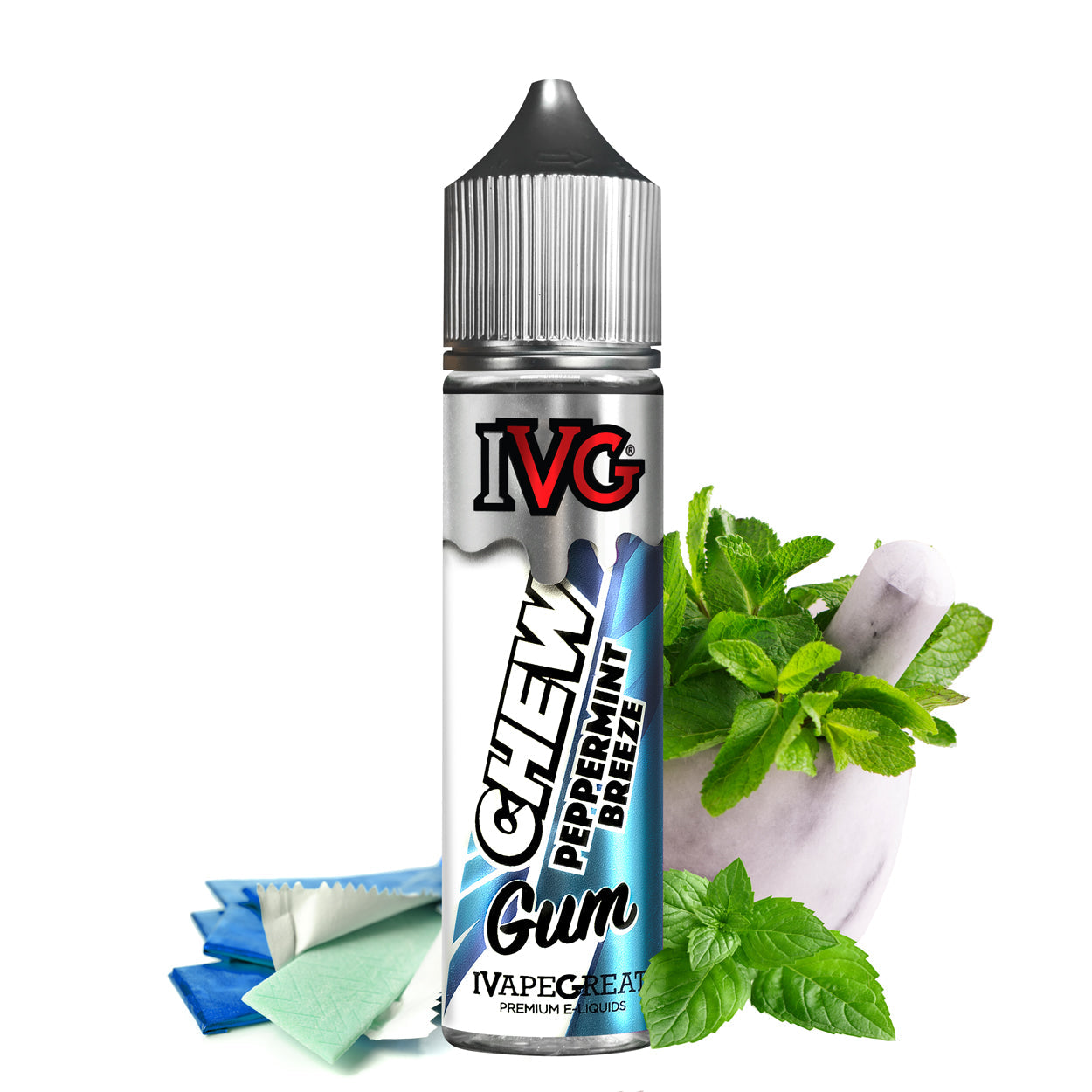 IVG Chew Range e-liquids featuring a variety of flavors inspired by classic chewing gum, crafted with a 70% VG blend for rich flavor and vapor production in 50ml bottles.
