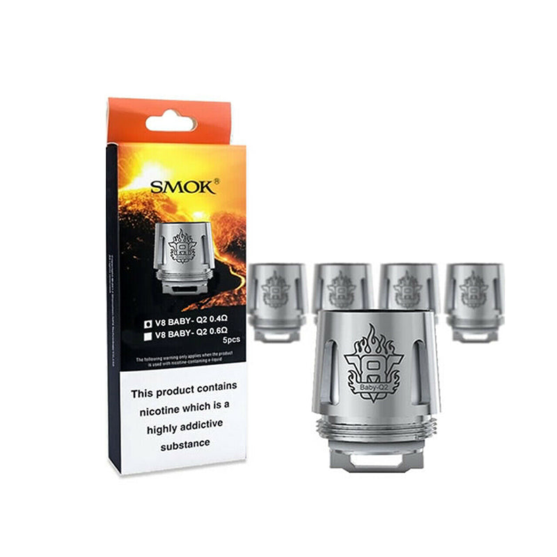 Genuine SMOK Baby Q2 Coils for TFV8 Replacement featuring 0.4Ω and 0.6Ω options designed for enhanced flavor and vapor production in packs of five.