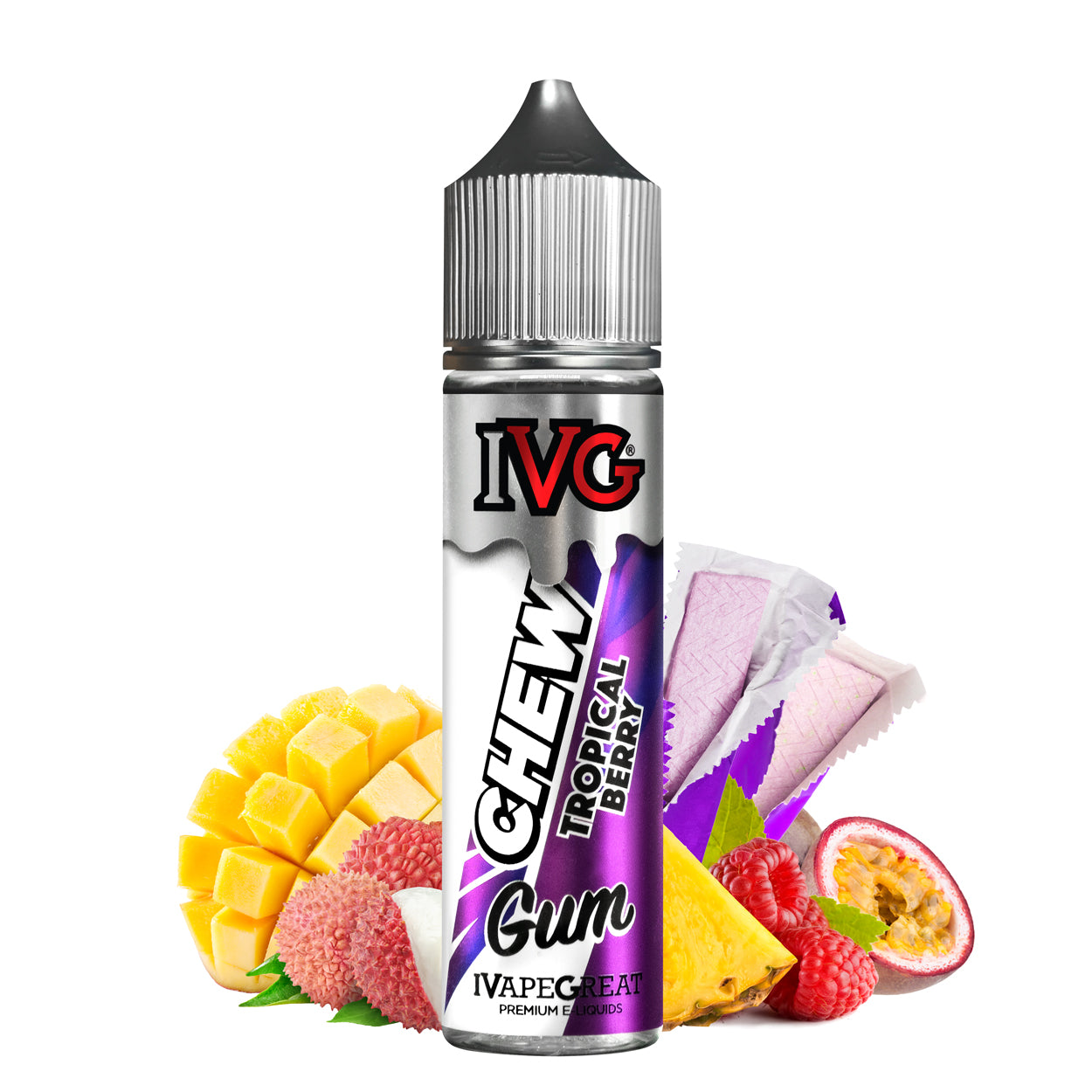 IVG Chew Range e-liquids featuring a variety of flavors inspired by classic chewing gum, crafted with a 70% VG blend for rich flavor and vapor production in 50ml bottles.