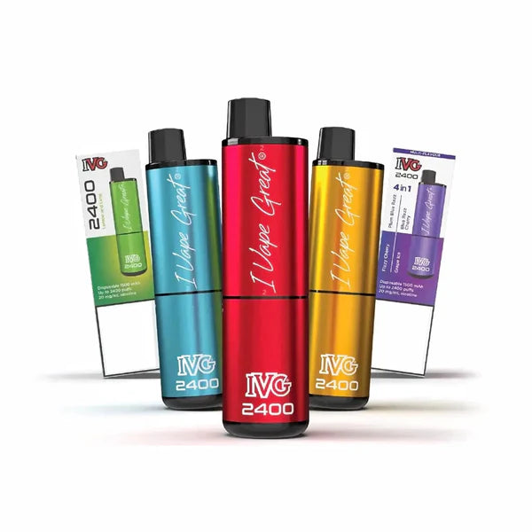 IVG 2400 Disposable Vape Kit featuring a powerful 1750mAh battery, 2400 puffs capacity, and four pre-filled pods with 20mg nicotine salt e-liquid, available in 67 flavours for a satisfying vaping experience.