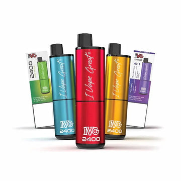 IVG 2400 Disposable Vape Kit featuring a powerful 1750mAh battery, 2400 puffs capacity, and four pre-filled pods with 20mg nicotine salt e-liquid, available in 67 flavours for a satisfying vaping experience.