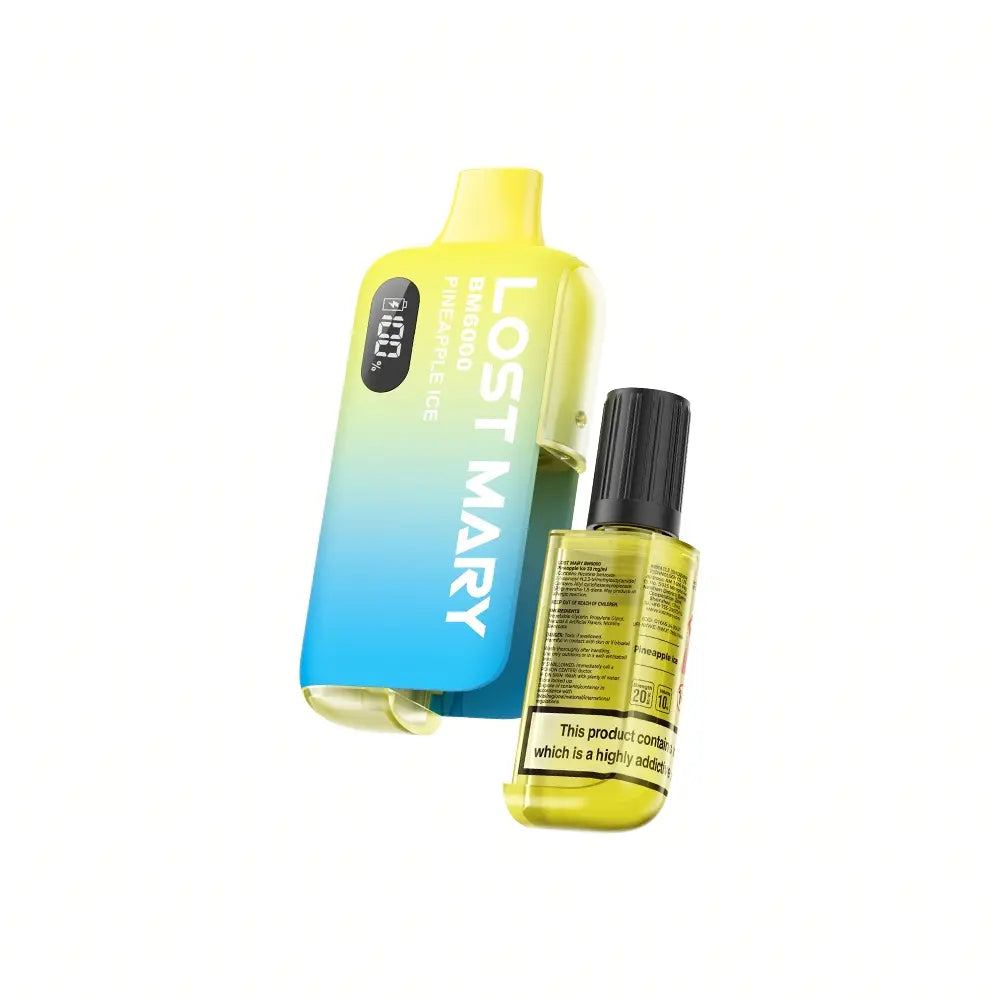 Pineapple Ice Lost Mary BM6000 Disposable Vape Kit featuring a rechargeable design, delivering up to 6000 puffs of juicy pineapple flavor with an icy finish and 20mg nicotine strength for an enjoyable vaping experience.